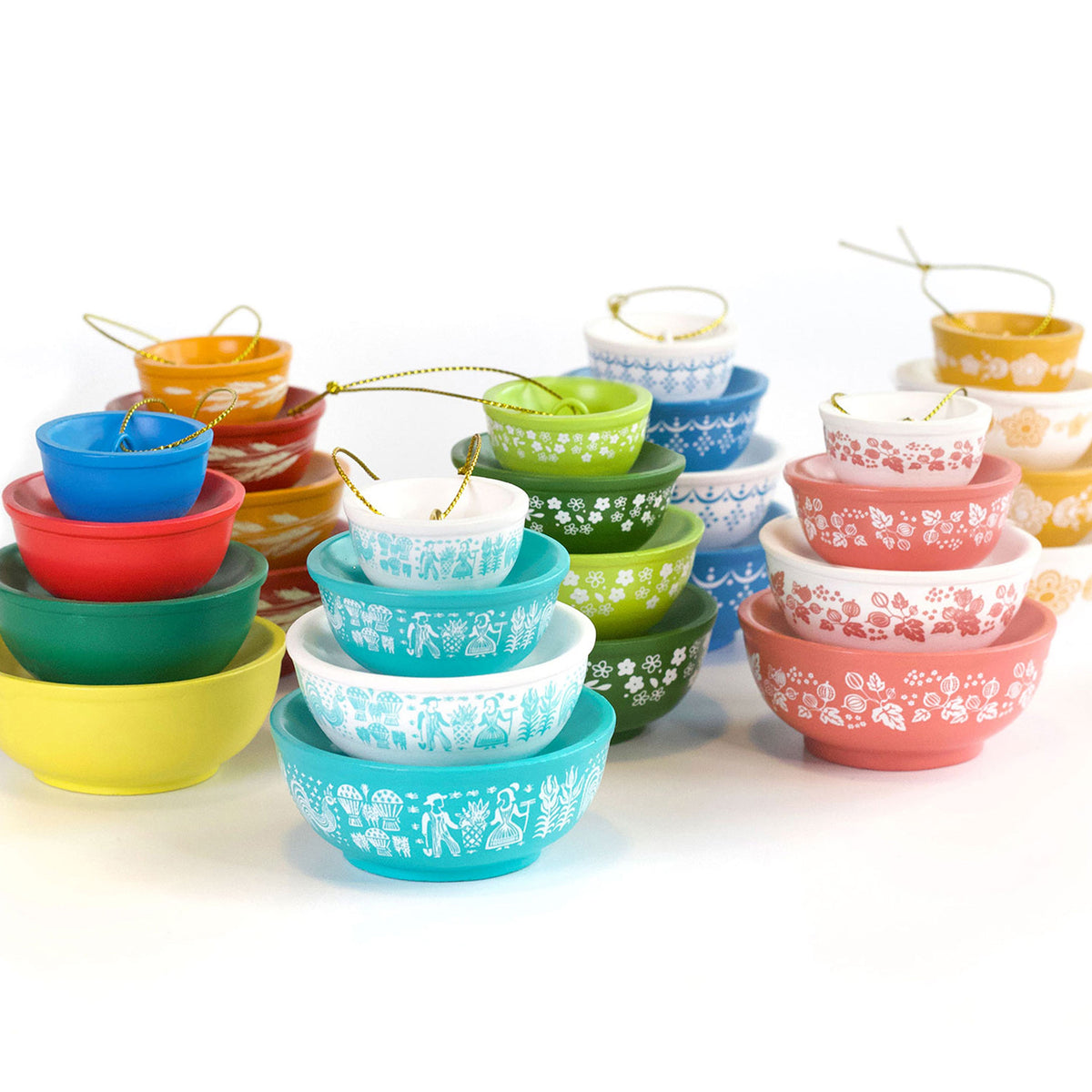 Mini Pyrex-inspired bowl ornaments, assorted colors in nested stack with hanging cords
