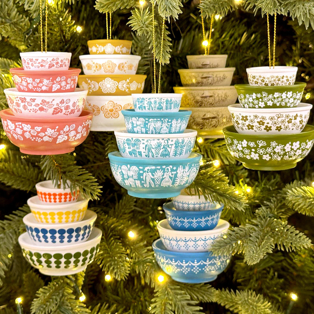 Mini Pyrex-inspired bowl ornament set, multi-color stacked bowls with hanging loops