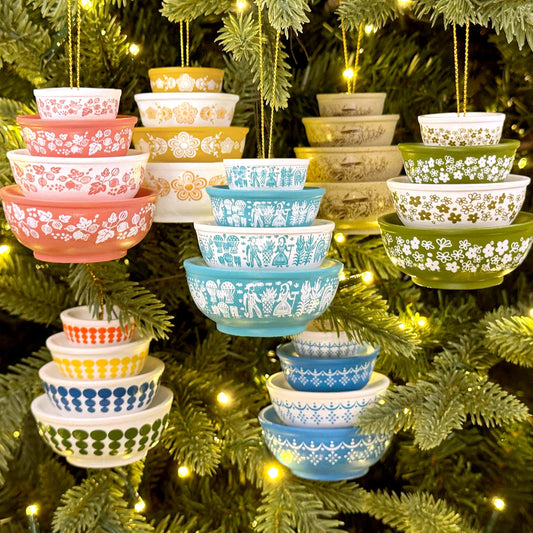Mini Pyrex-inspired bowl ornament set, multi-color stacked bowls with hanging loops