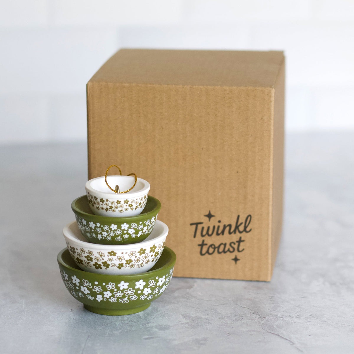 Mini Pyrex-inspired bowl ornaments, three-piece set with green and gold floral design