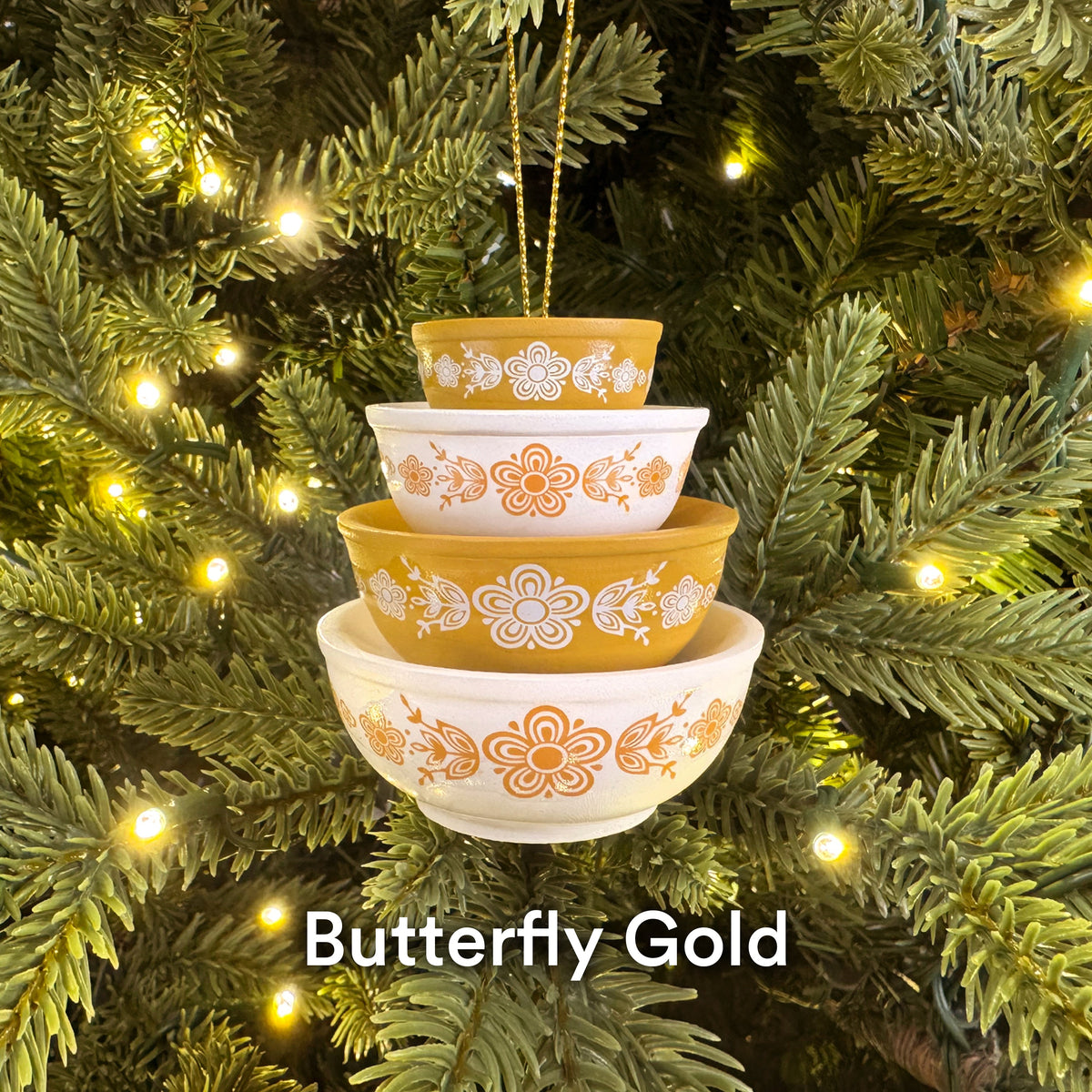 Mini Pyrex-inspired bowl ornaments, stacked white and gold with orange floral medallion design