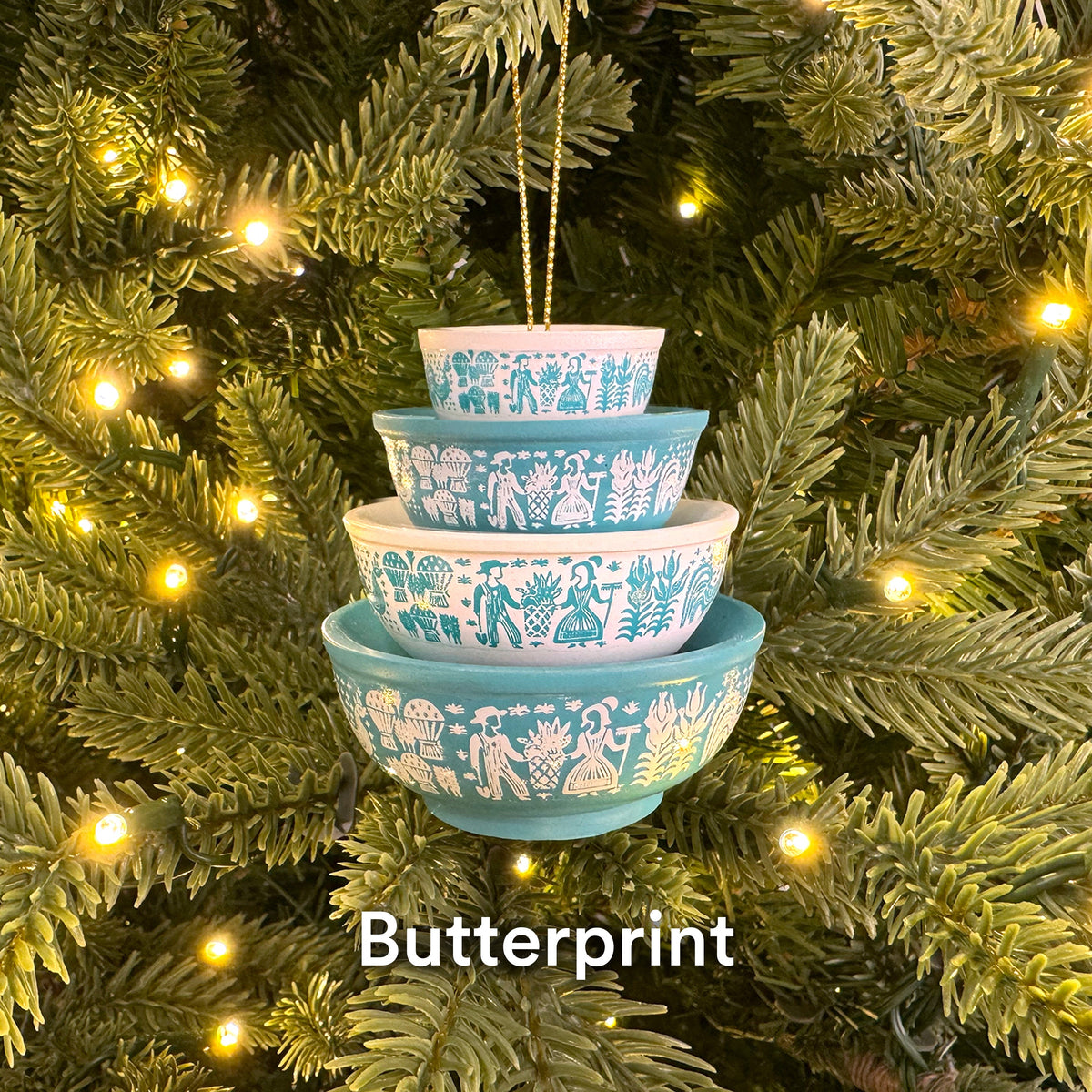 Mini Pyrex-inspired bowl ornament stack in light blue with animal pattern and hanging loop
