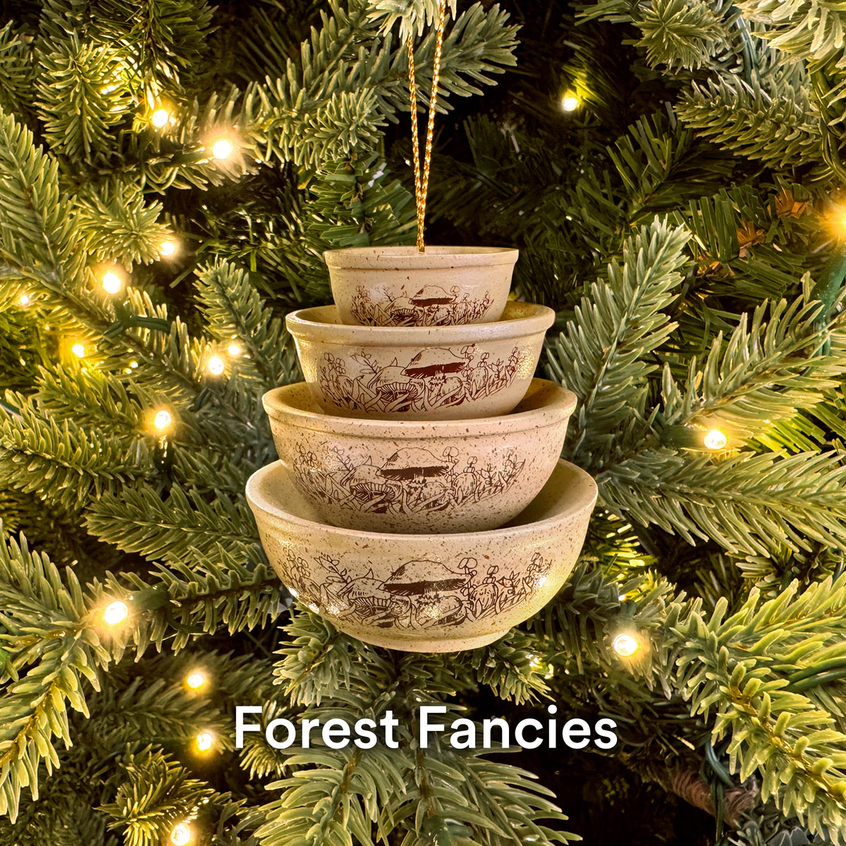 Mini Pyrex-inspired bowl ornaments, stacked beige speckled bowls with leaf-and-bird line art