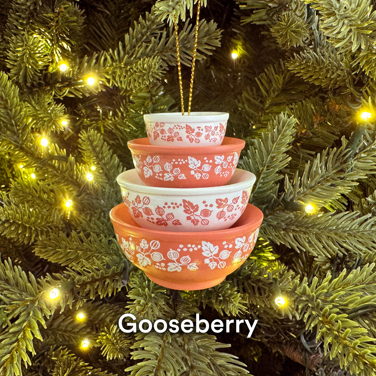 Mini Pyrex-inspired bowl ornament, stacked orange bowls with white and red floral pattern