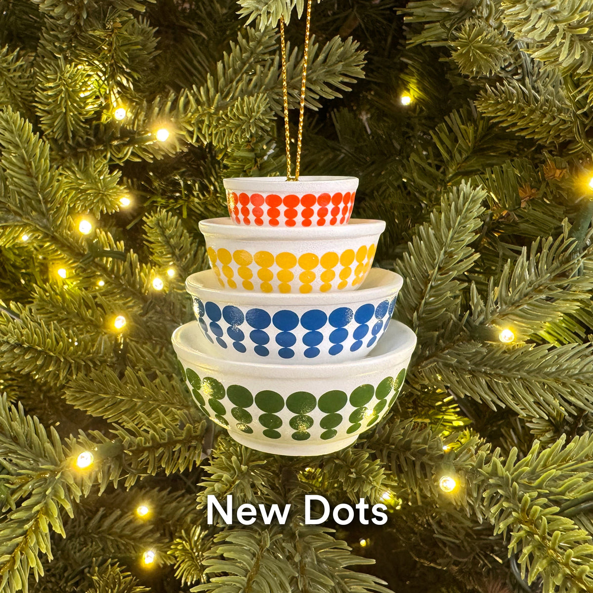 Mini Pyrex-inspired bowl ornament, stacked white bowls with blue dots, green and orange dots