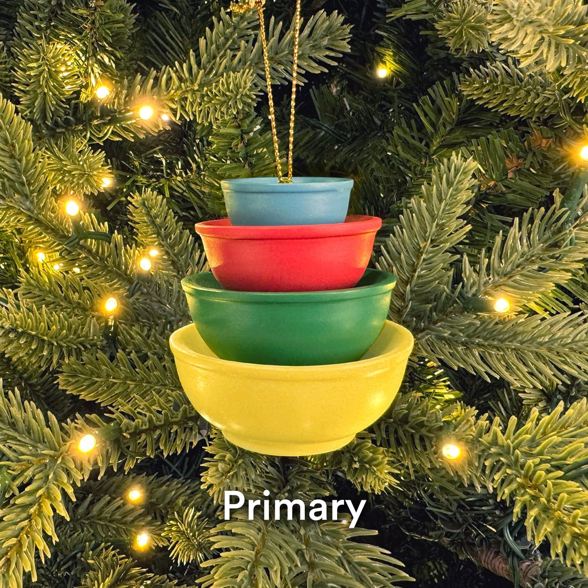 Mini Pyrex-inspired bowl ornament, stacked colorful bowls in yellow, green, and red with hanging cord