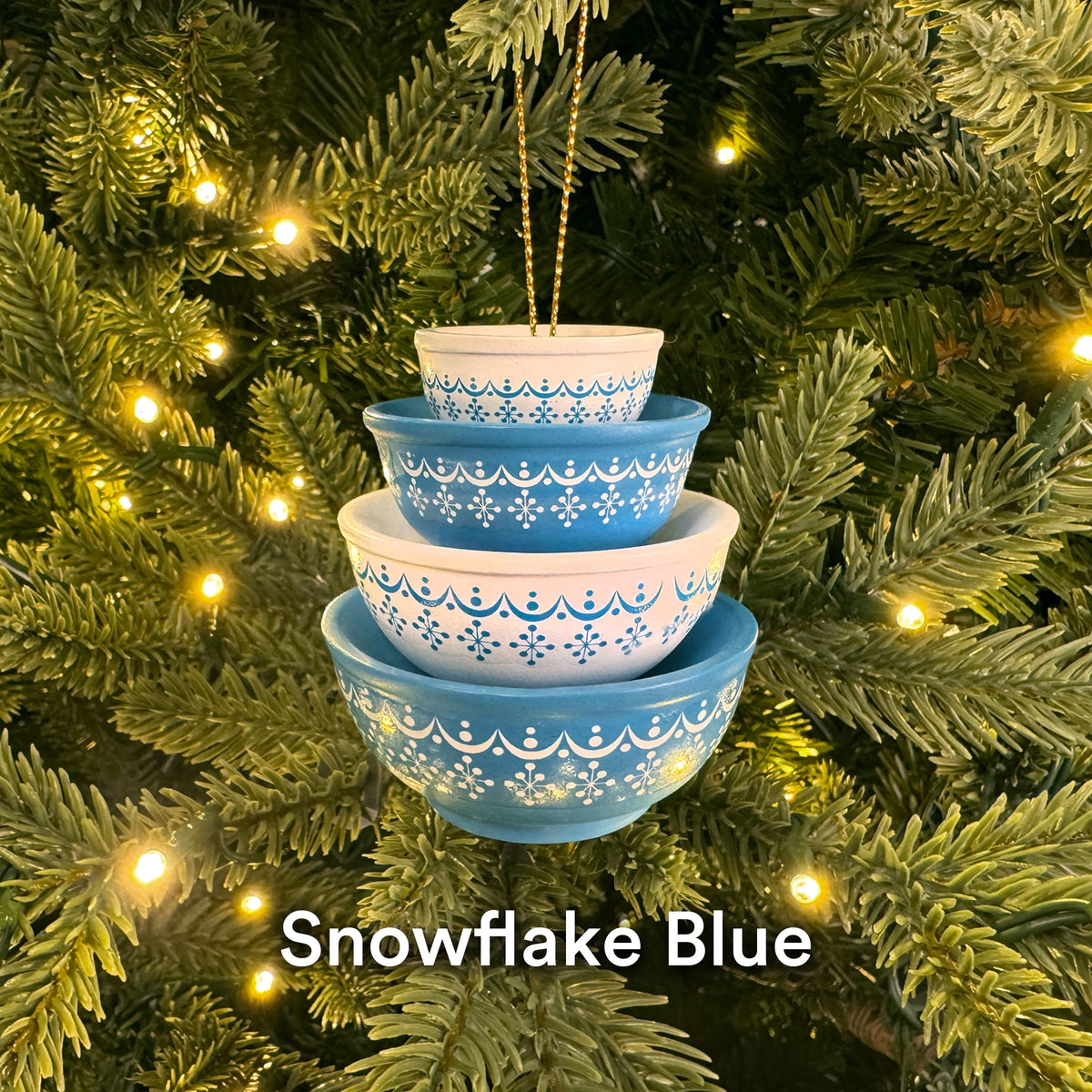 Mini Pyrex-inspired bowl ornament, stacked light blue bowls with white snowflake-style bands