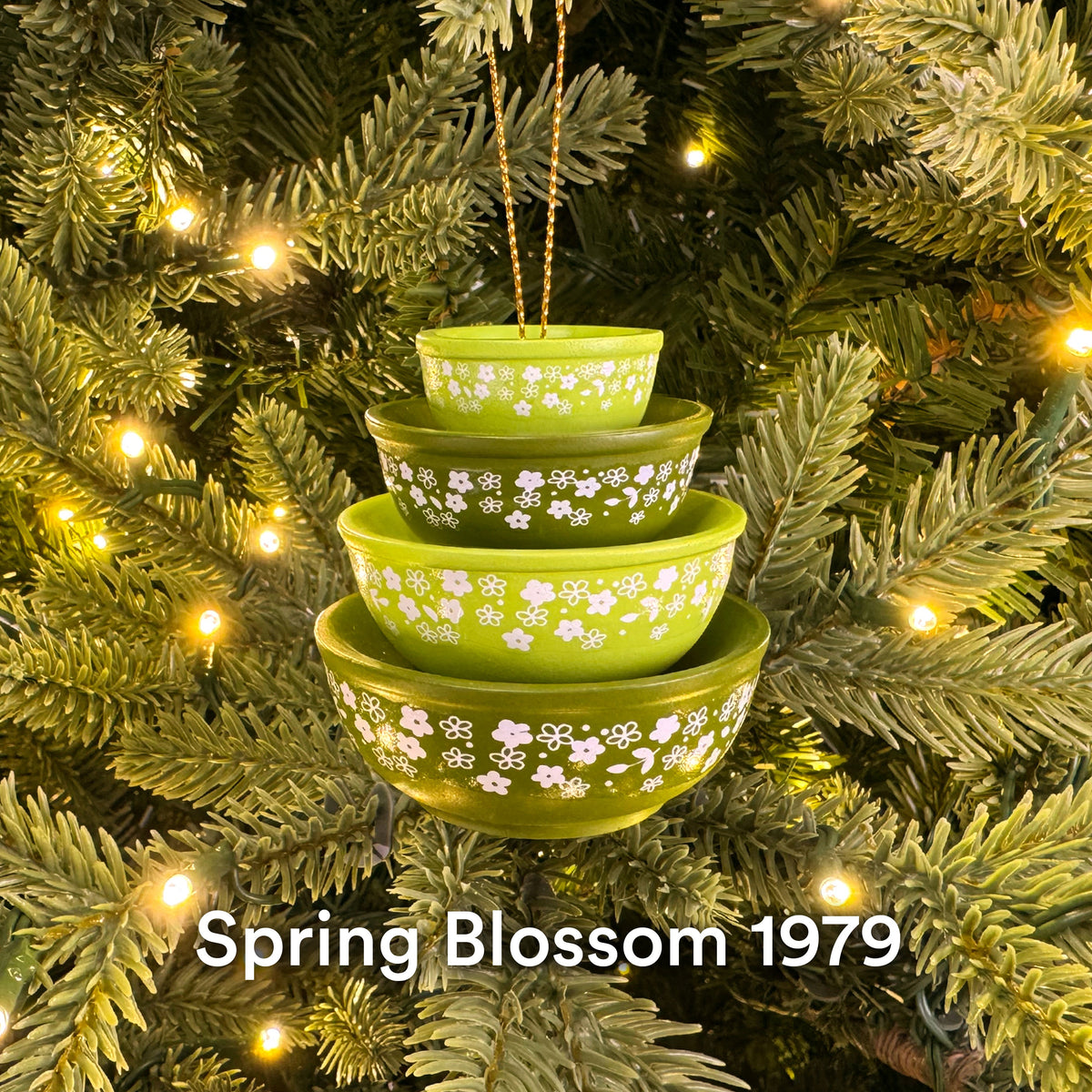 Mini Pyrex-inspired bowl ornament, stacked lime green bowls with white daisy-style floral