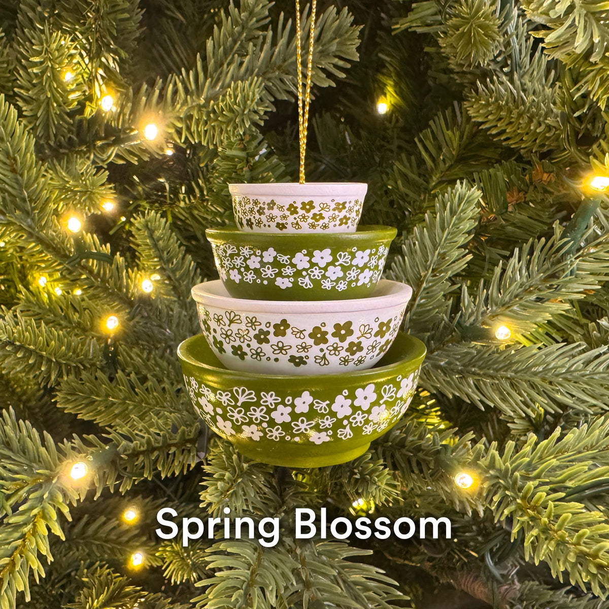 Mini Pyrex-inspired bowl ornament, stacked white bowls with green and pink flower pattern