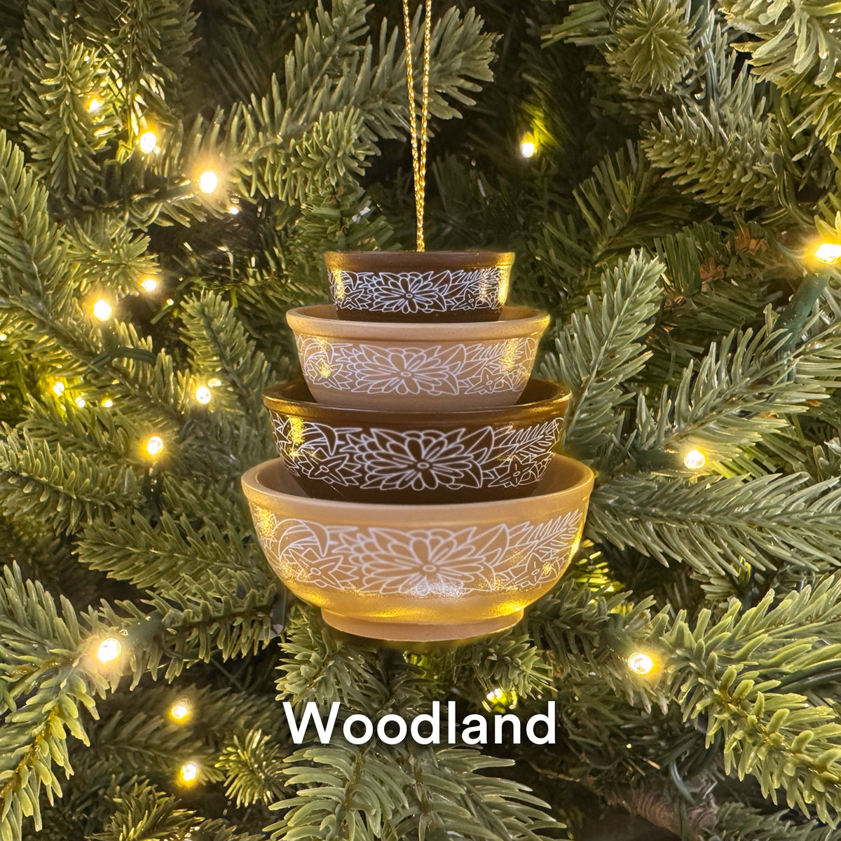 Mini Pyrex-inspired bowl ornament, stacked amber bowls with white floral lace pattern and hanging cord