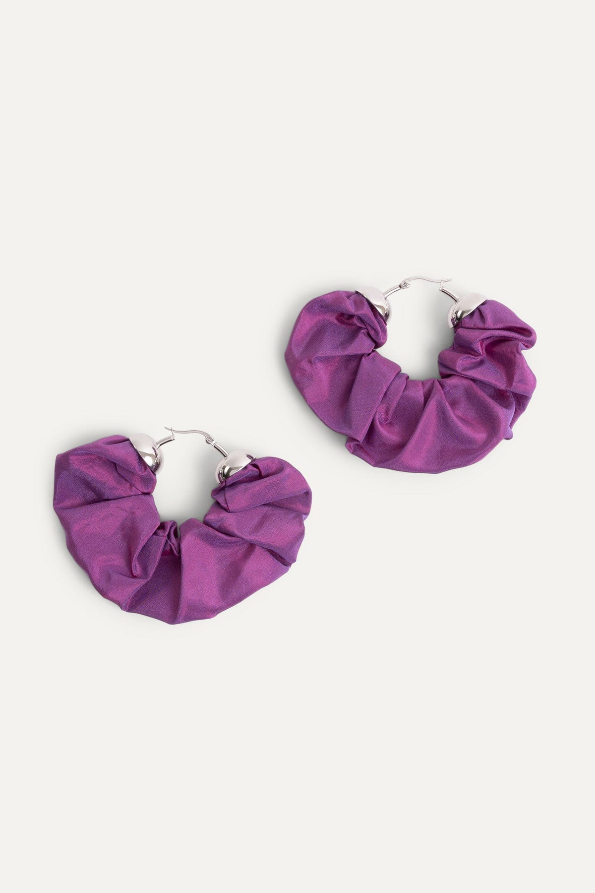 Amethyst scrunchie earrings, pair of ruffled purple fabric hoops with silver hooks
