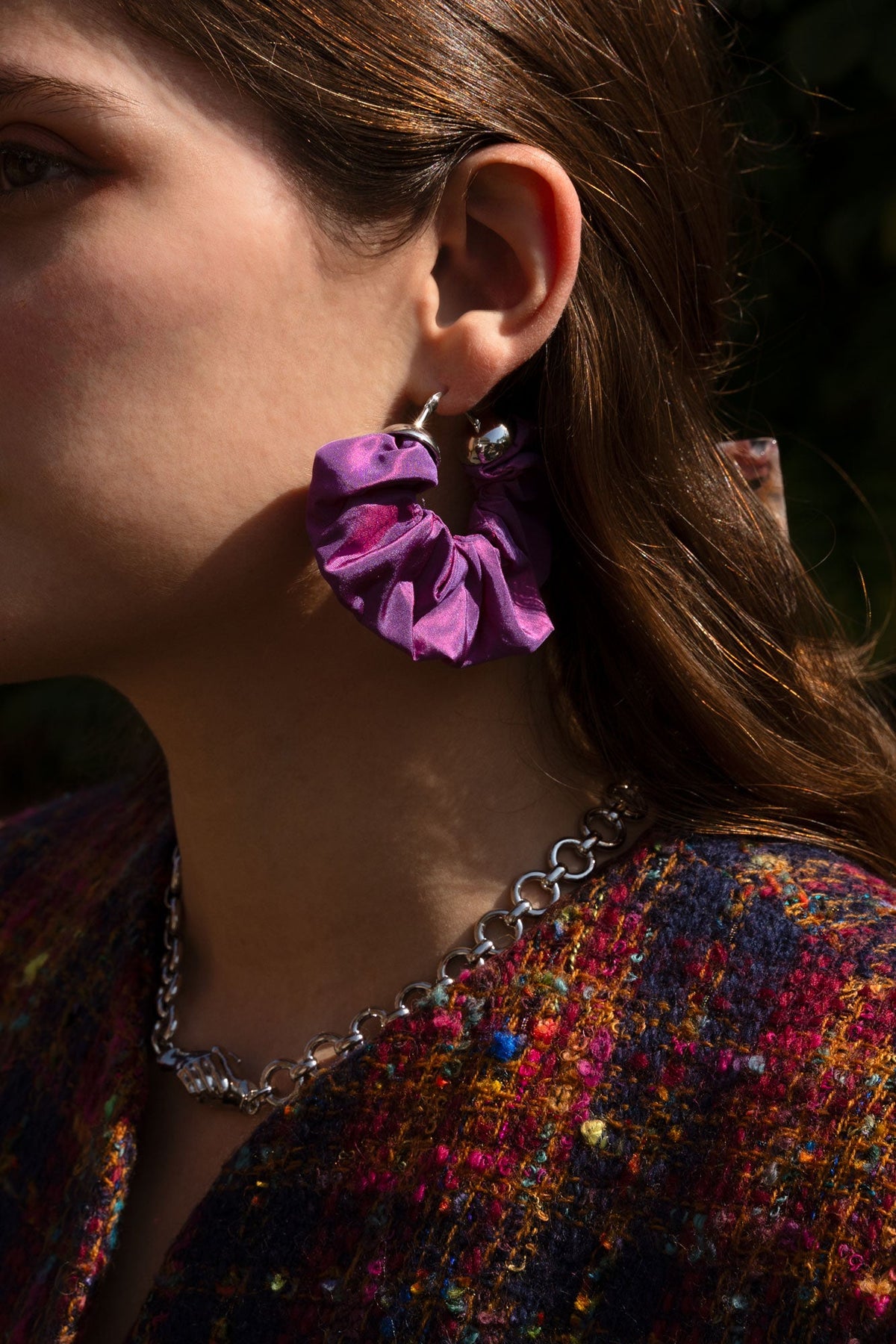 Amethyst scrunchie earrings with ruffled purple fabric and silver-toned hooks