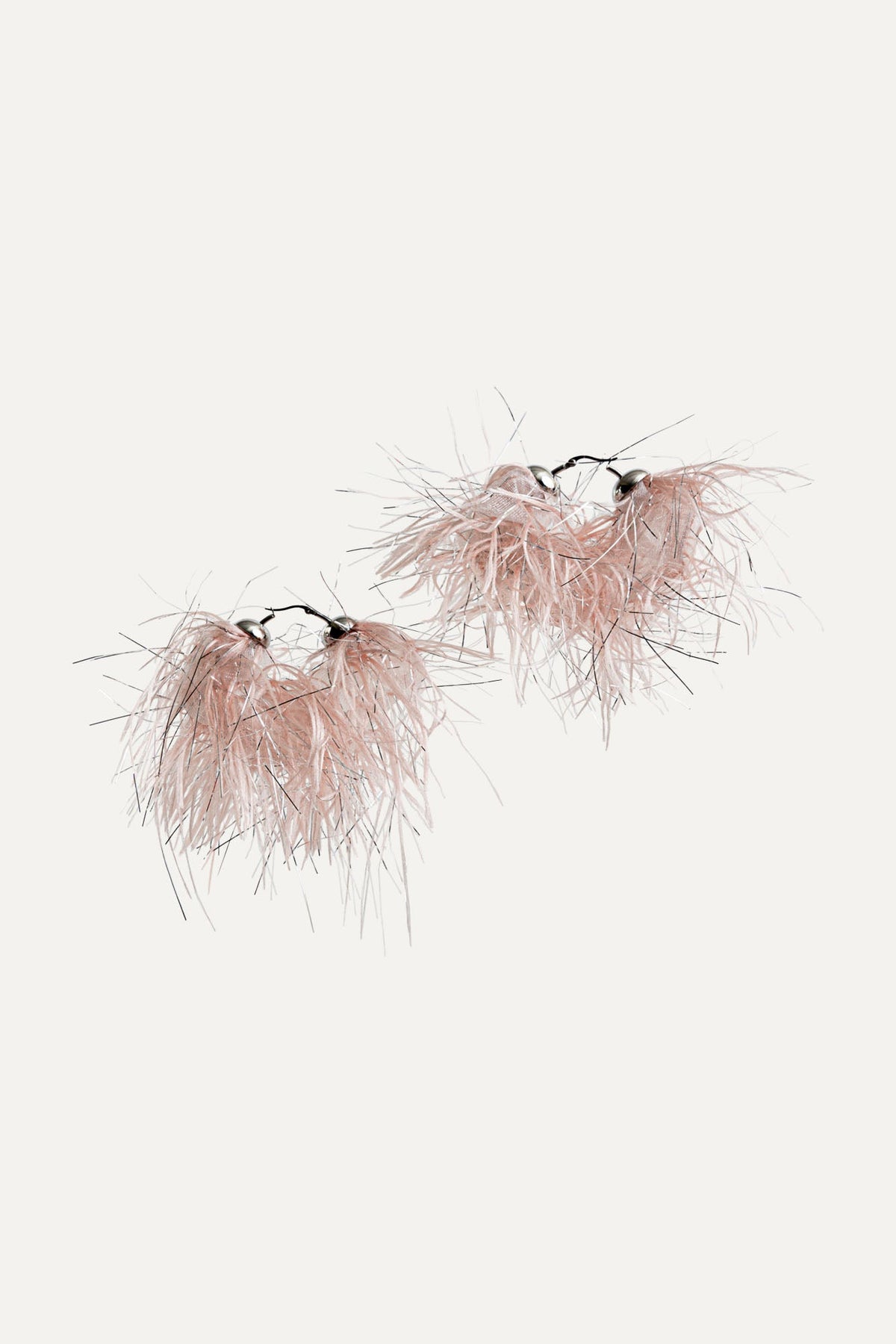 Pink scrunchie-style feather earrings with metal loops