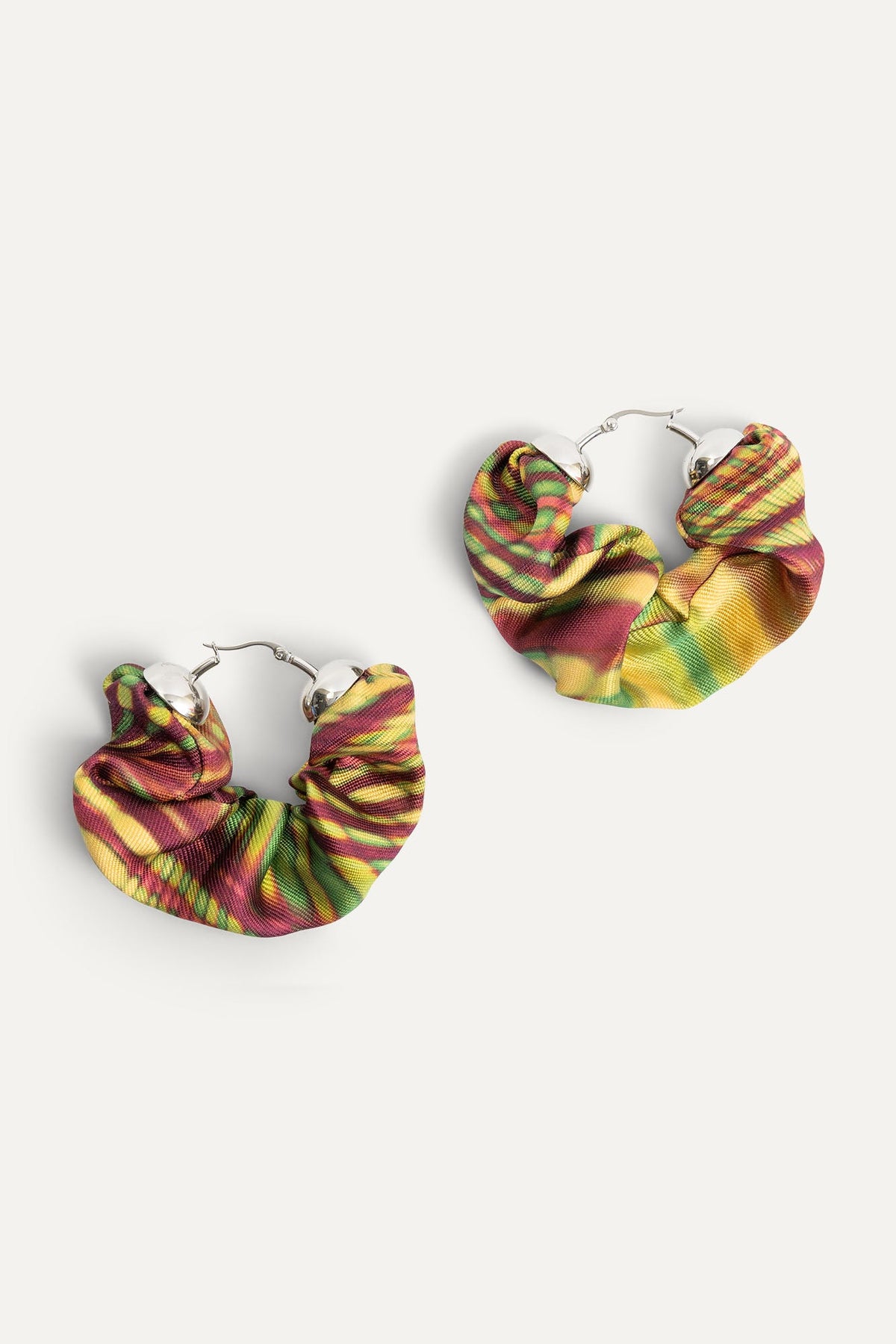 Soundwave mikado scrunchie hoop earrings, multicolor yellow green red; silver hooks