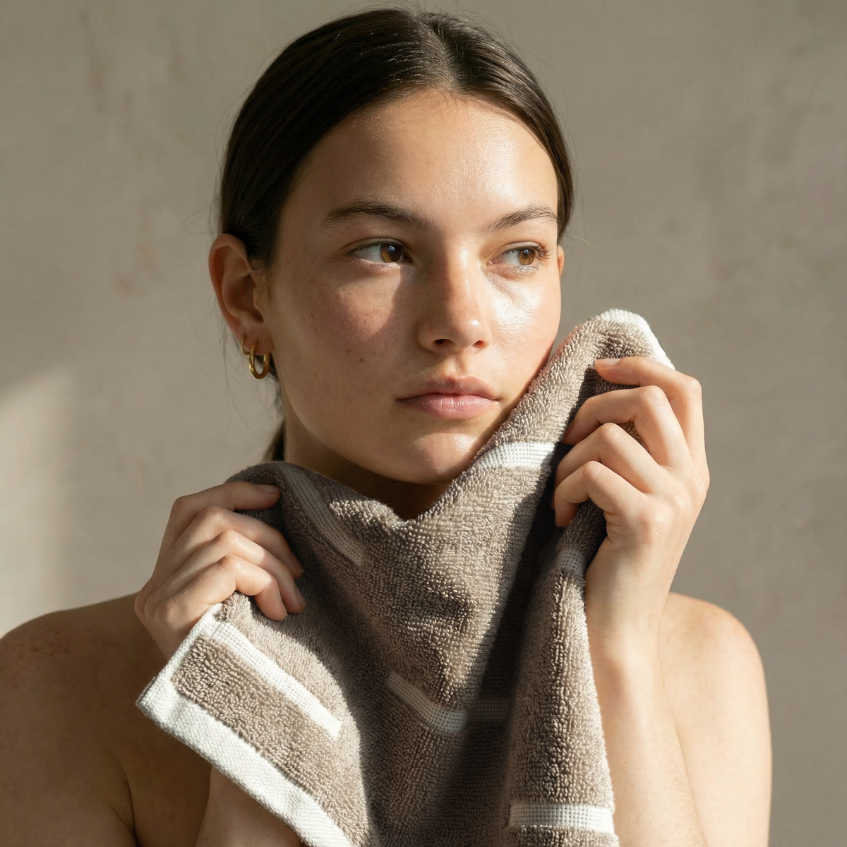 Tan and ecru cotton hand towel with white stripe detail, held to face