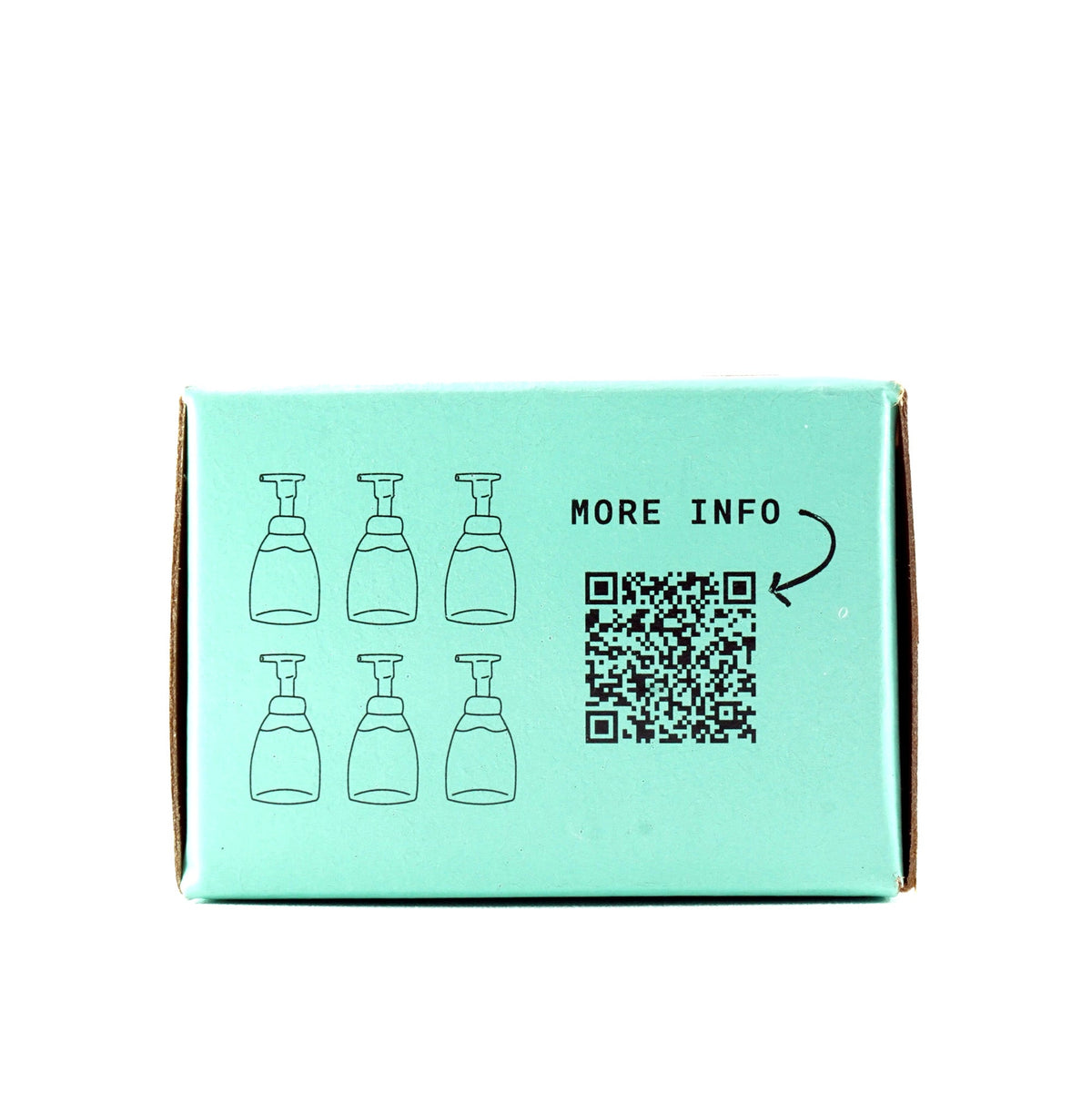 Back of a teal hand soap refill carton with six bottle illustrations and a QR code.