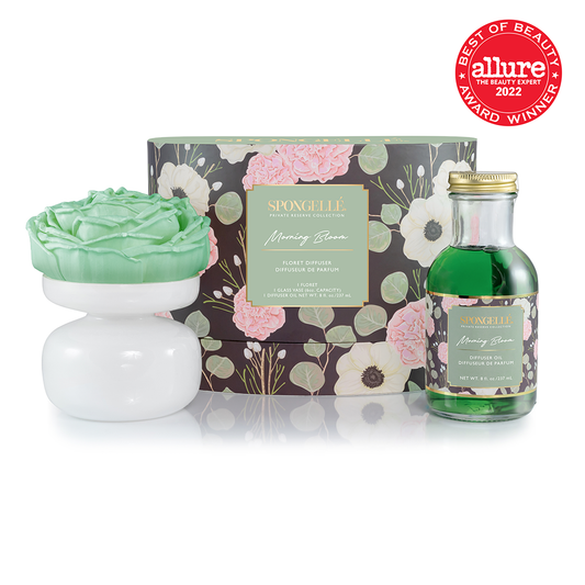 Diffuser oil bottle with green liquid and gold cap, Morning Bloom scent