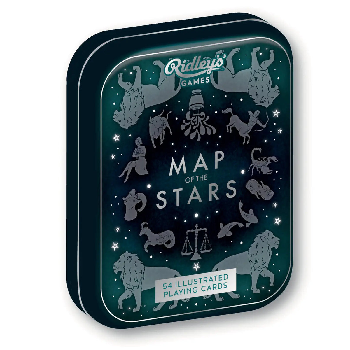 Map of the Stars playing card tin, dark blue with constellations and animal silhouettes