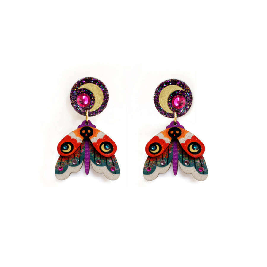 Moth earrings with glitter purple spiral caps and colorful layered wing details, gold hooks