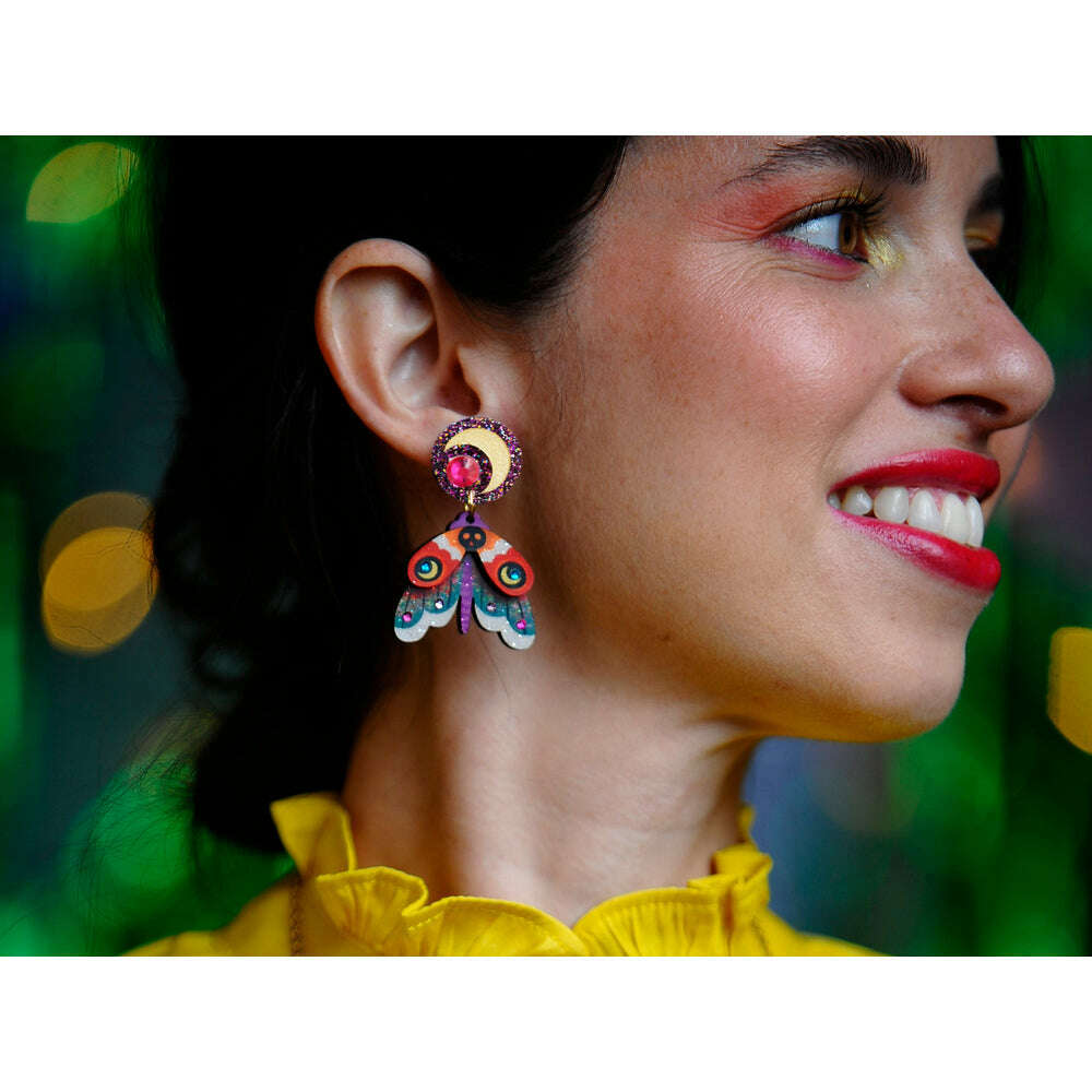 Moth drop earrings with glitter purple spiral top and multicolor patterned wings
