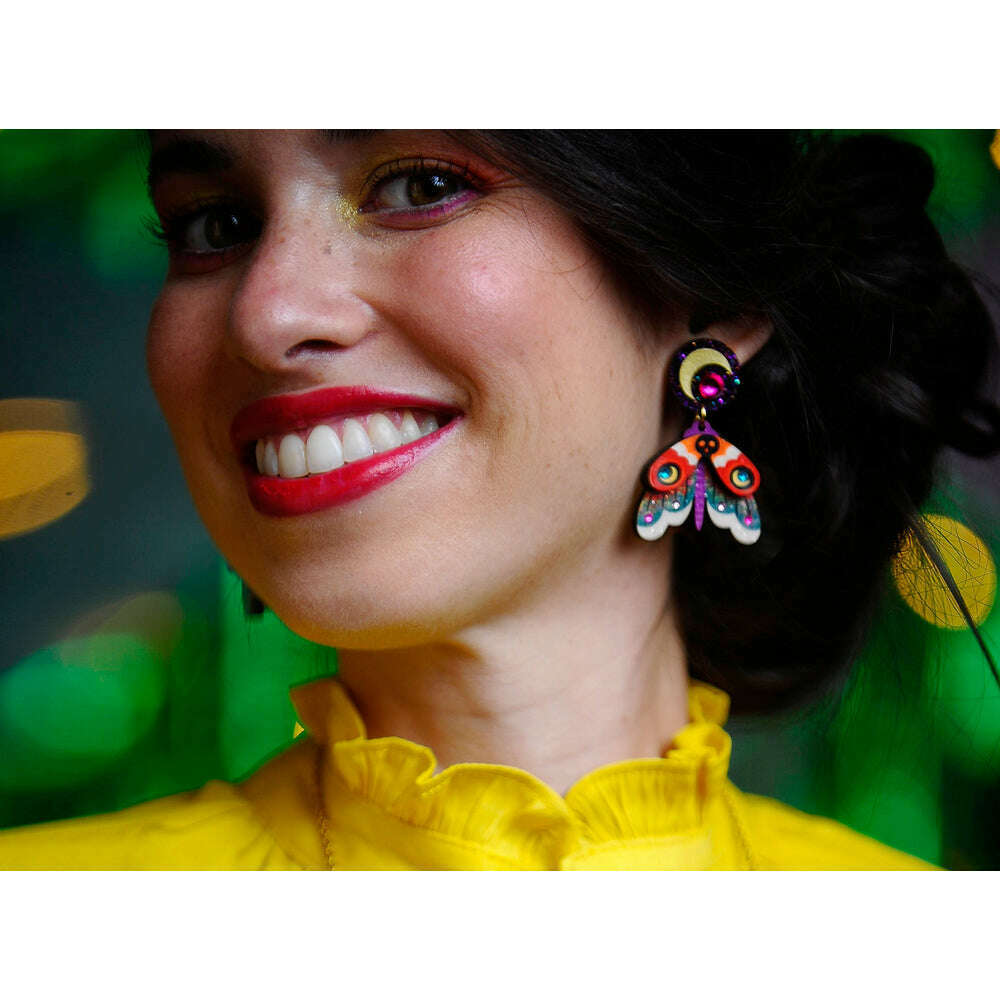 Moth earrings with glitter purple spiral cap and multicolor wing fan drop