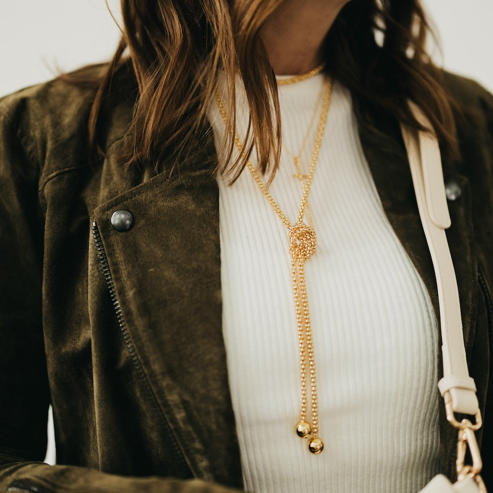 Gold-tone layered chain wrap necklace with textured center and long drop pendant