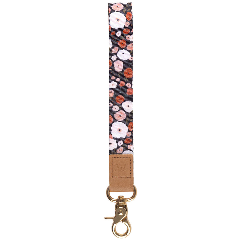 Owl-pattern wrist lanyard with tan leather patch and gold-tone lobster clasp