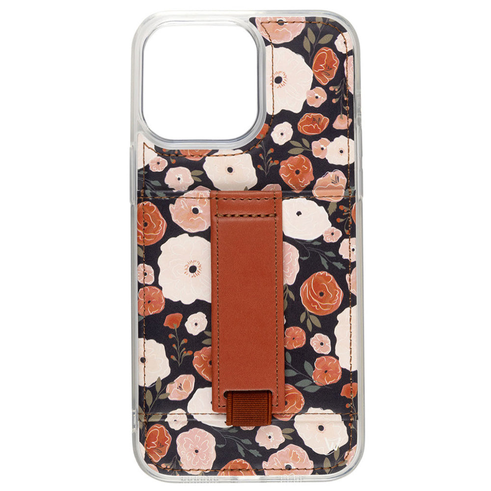 iPhone phone case with floral print and brown leather-style strap holder