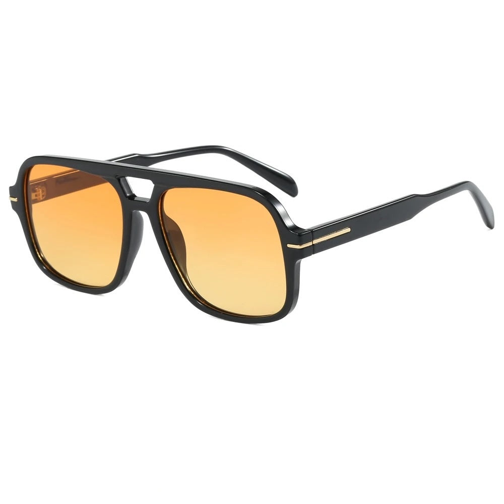 Oversized aviator sunglasses with black frame and orange reflective lenses