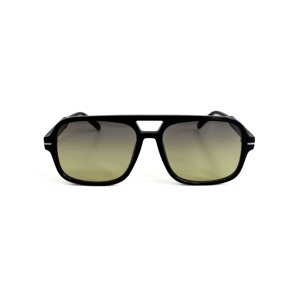 Oversized aviator sunglasses with black frame and olive-tinted lenses