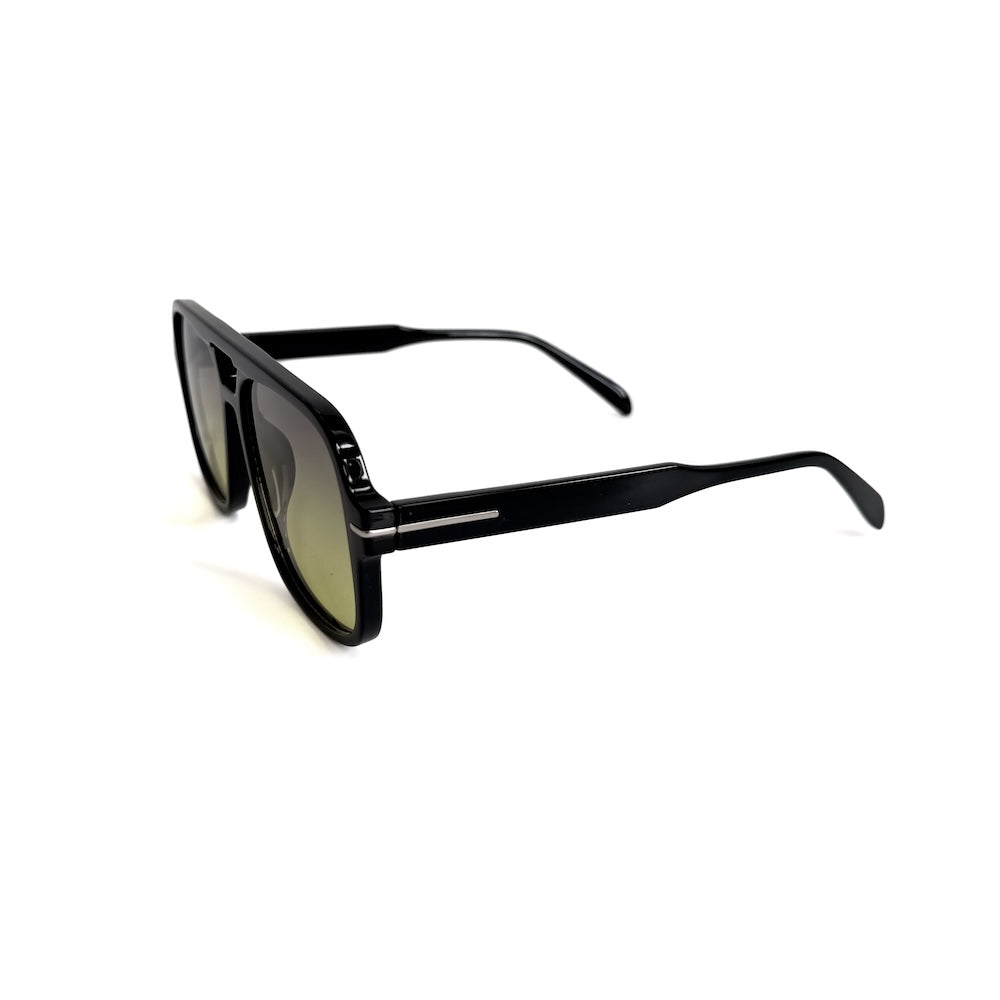 Oversized aviator sunglasses, black frame side view with dark tinted lenses