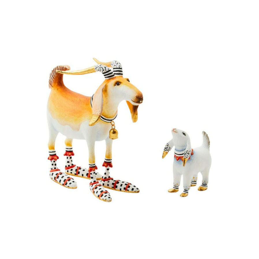 Nativity goat figurines set: painted white and orange goats with striped hats and patterned legs