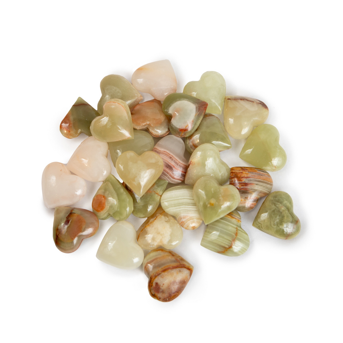 Assorted heart-shaped natural stones in translucent pale green with orange-brown veining