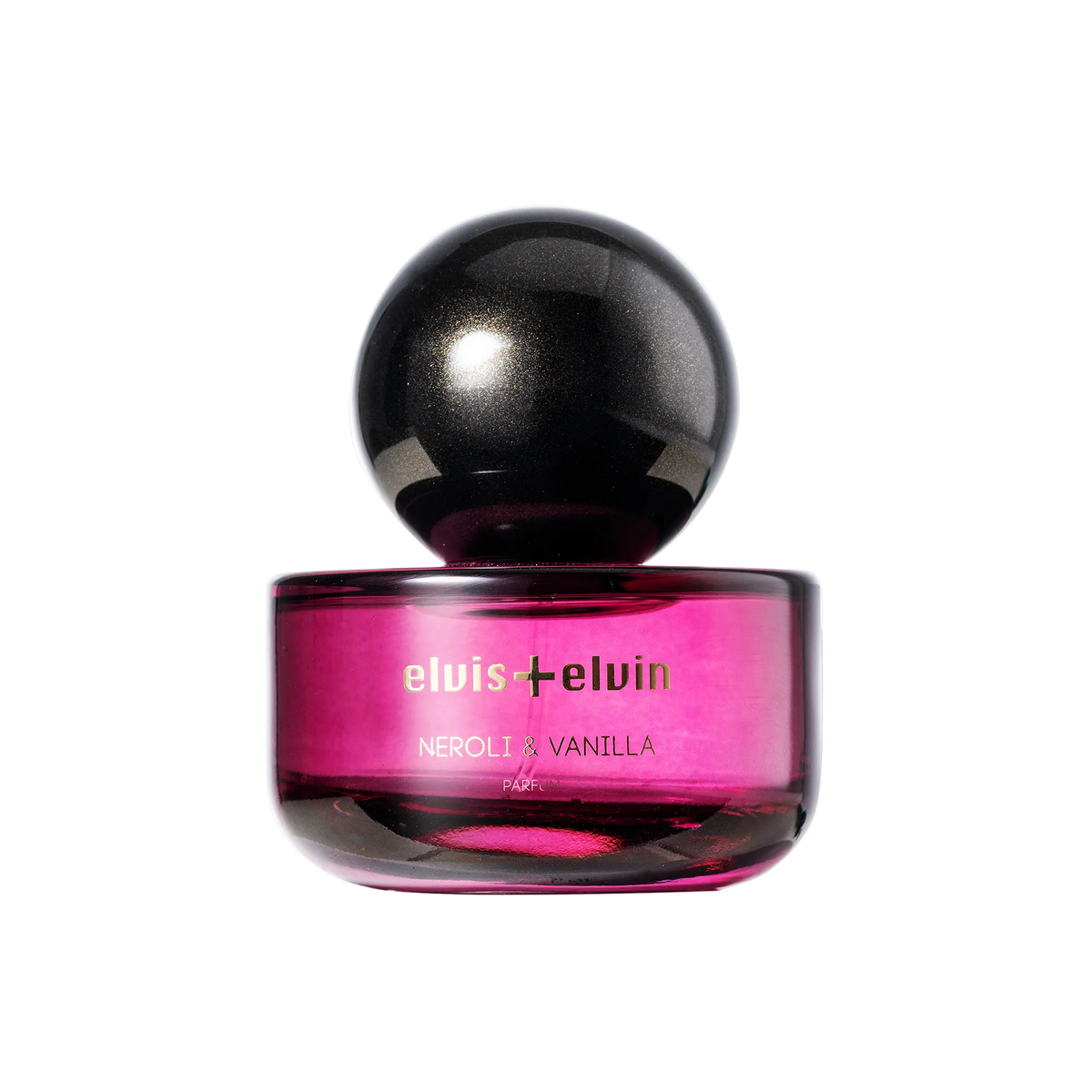 Neroli & Vanilla parfum bottle with round black cap and pink glass base, elvis+elvin