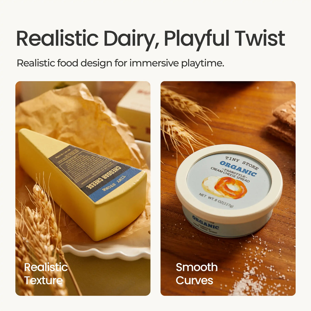 Pretend dairy play food with boxed items and a round tub-style container