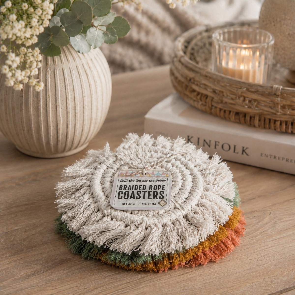 Beige braided rope tassel coaster with circular spiral and fringe detail