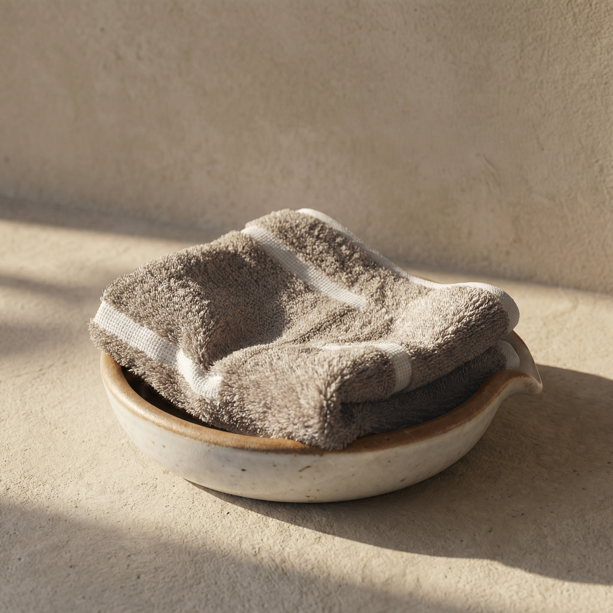 Tan and ecru cotton towel with white stripe accents, folded on dish