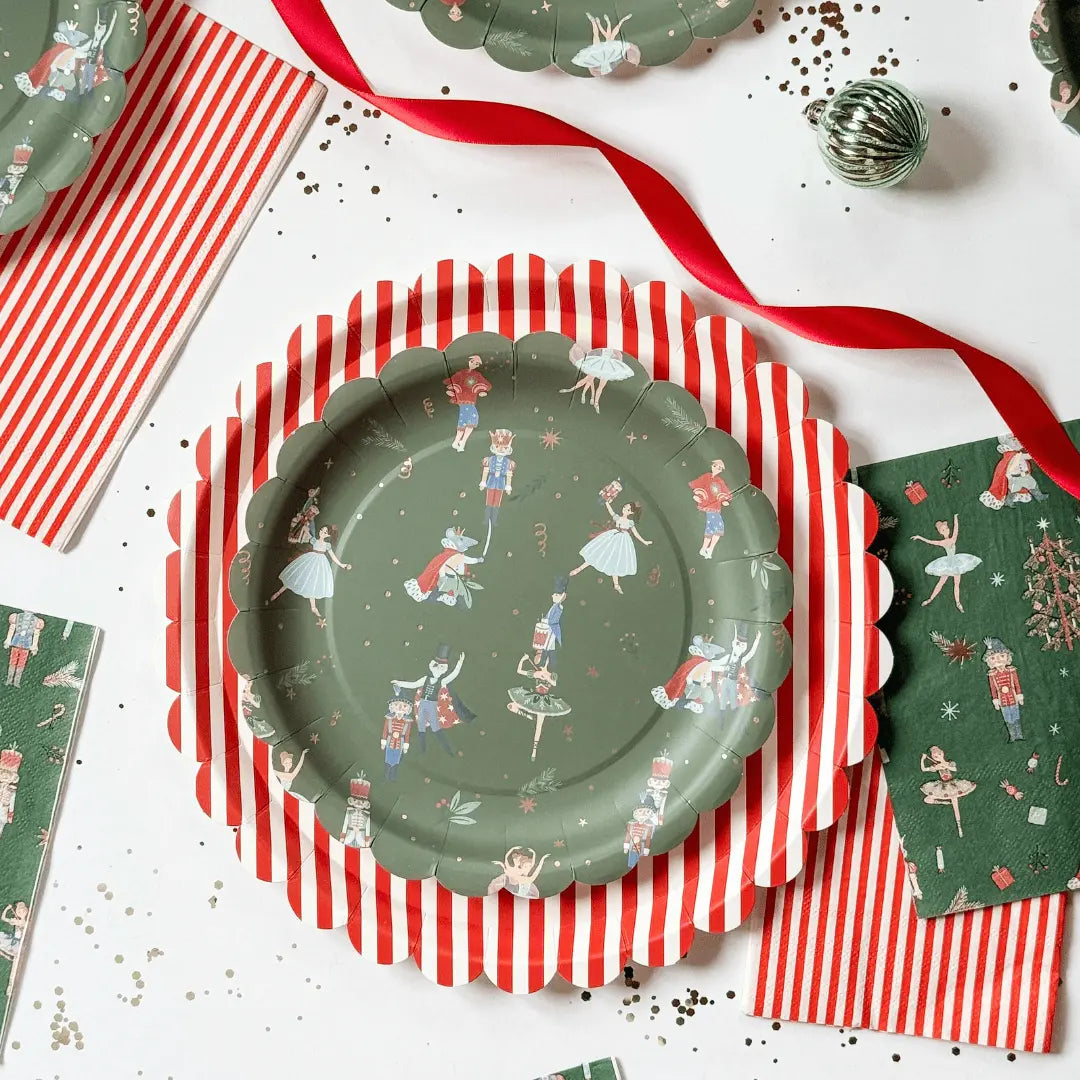 Candy Cane Stripe Christmas Plates, Red Scalloped (12 Pack)