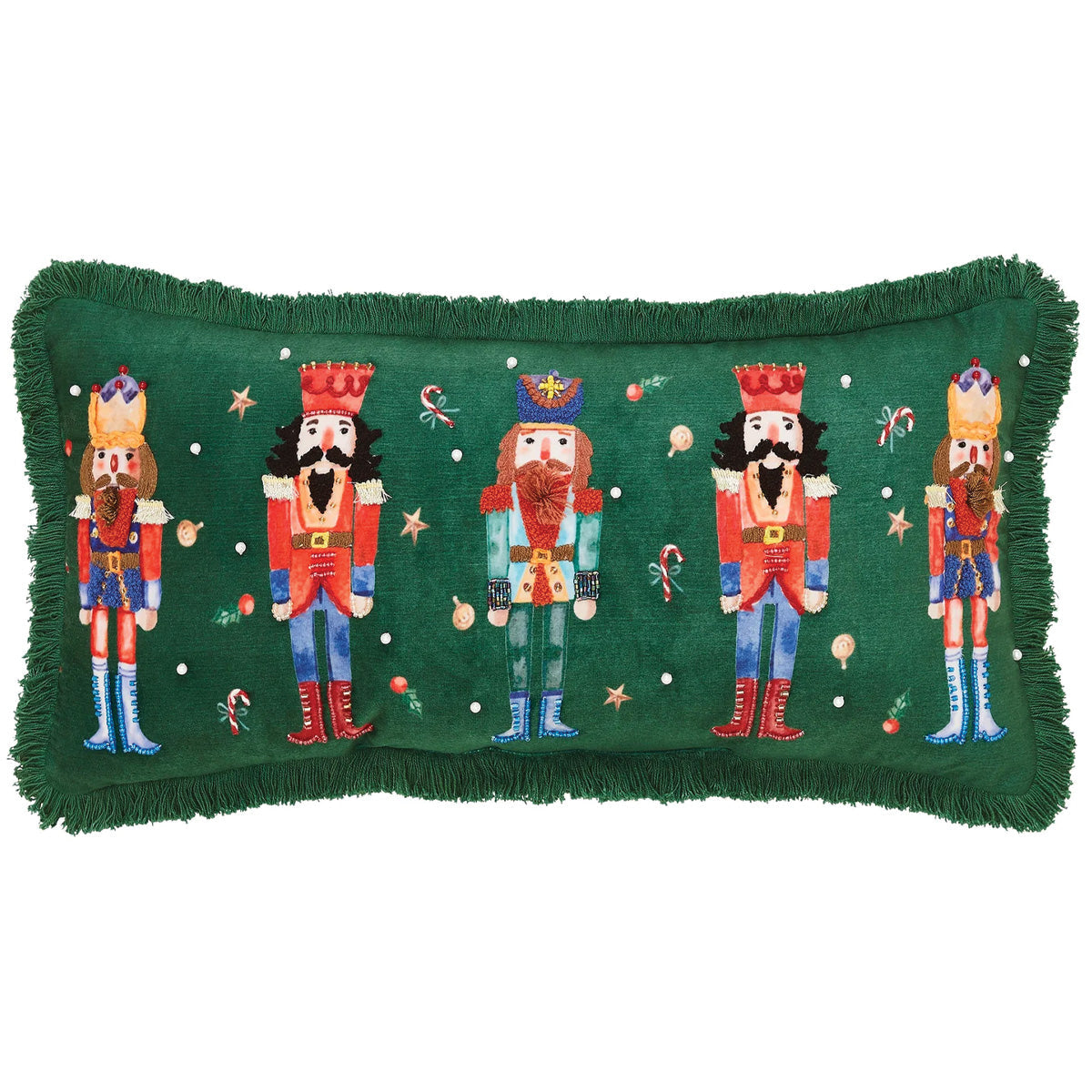 Green nutcracker throw pillow with centered nutcracker pattern and fringed border