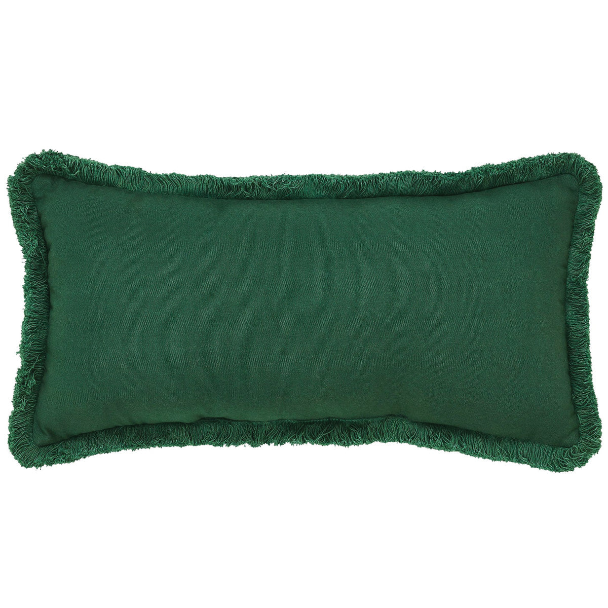 Green solid decorative pillow with fringed edges, no printed design