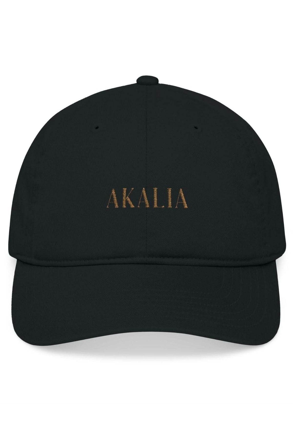 Black baseball cap with AKALIA logo and curved brim.