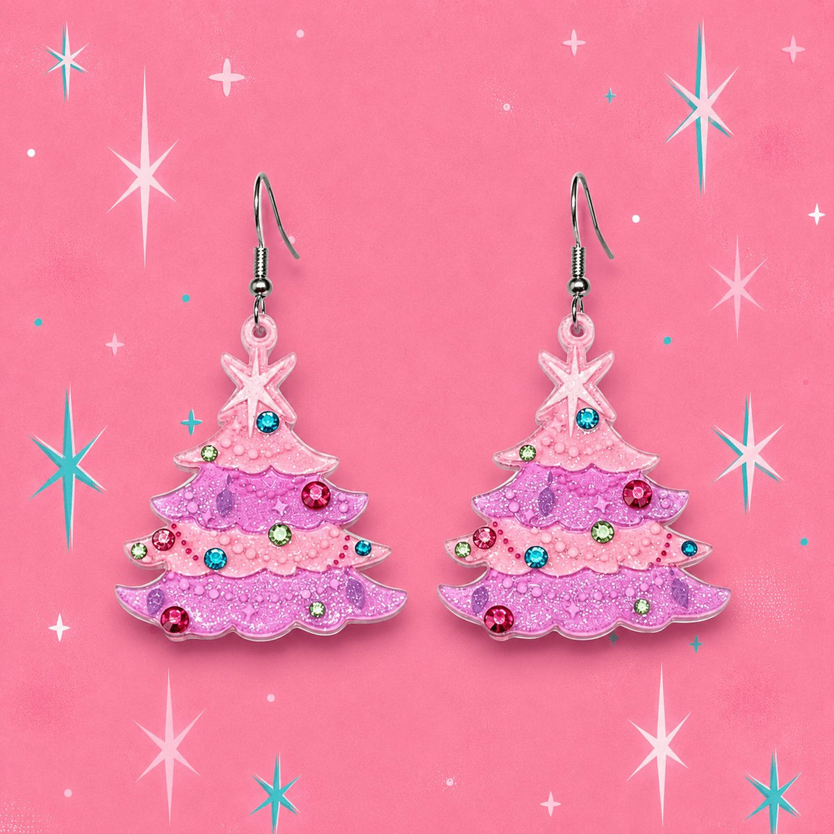Pink glitter Christmas tree dangle earrings with star charms and teal gems