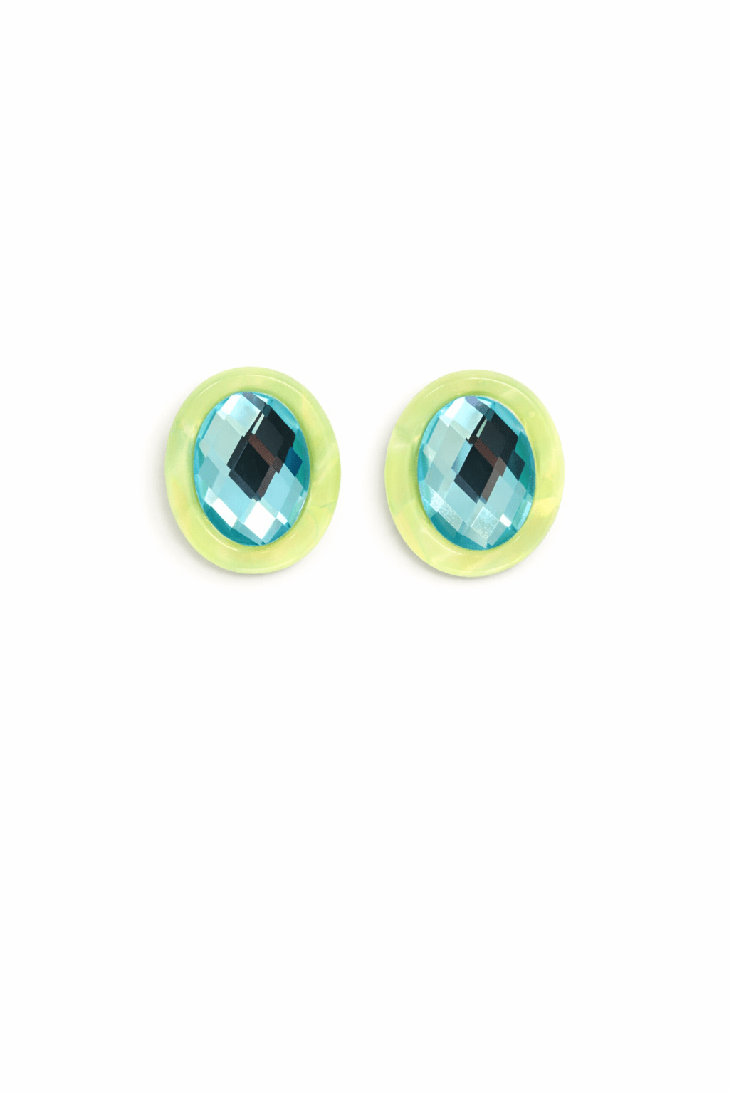Pair of oval statement earrings with faceted blue stones and pale yellow-green bezels