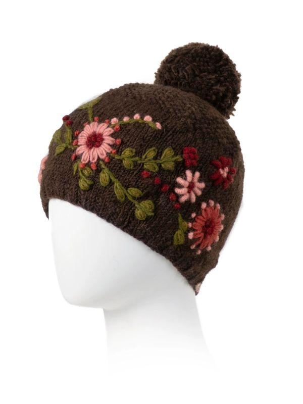 Dark brown wool knit hat with pompom and multicolor flower embroidery