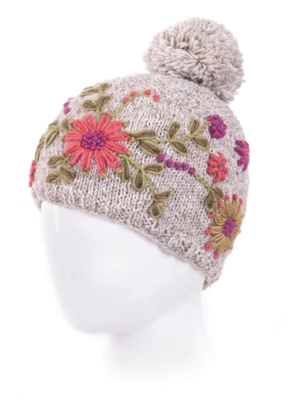 Light grey wool knit hat with pompom and colorful floral embroidery