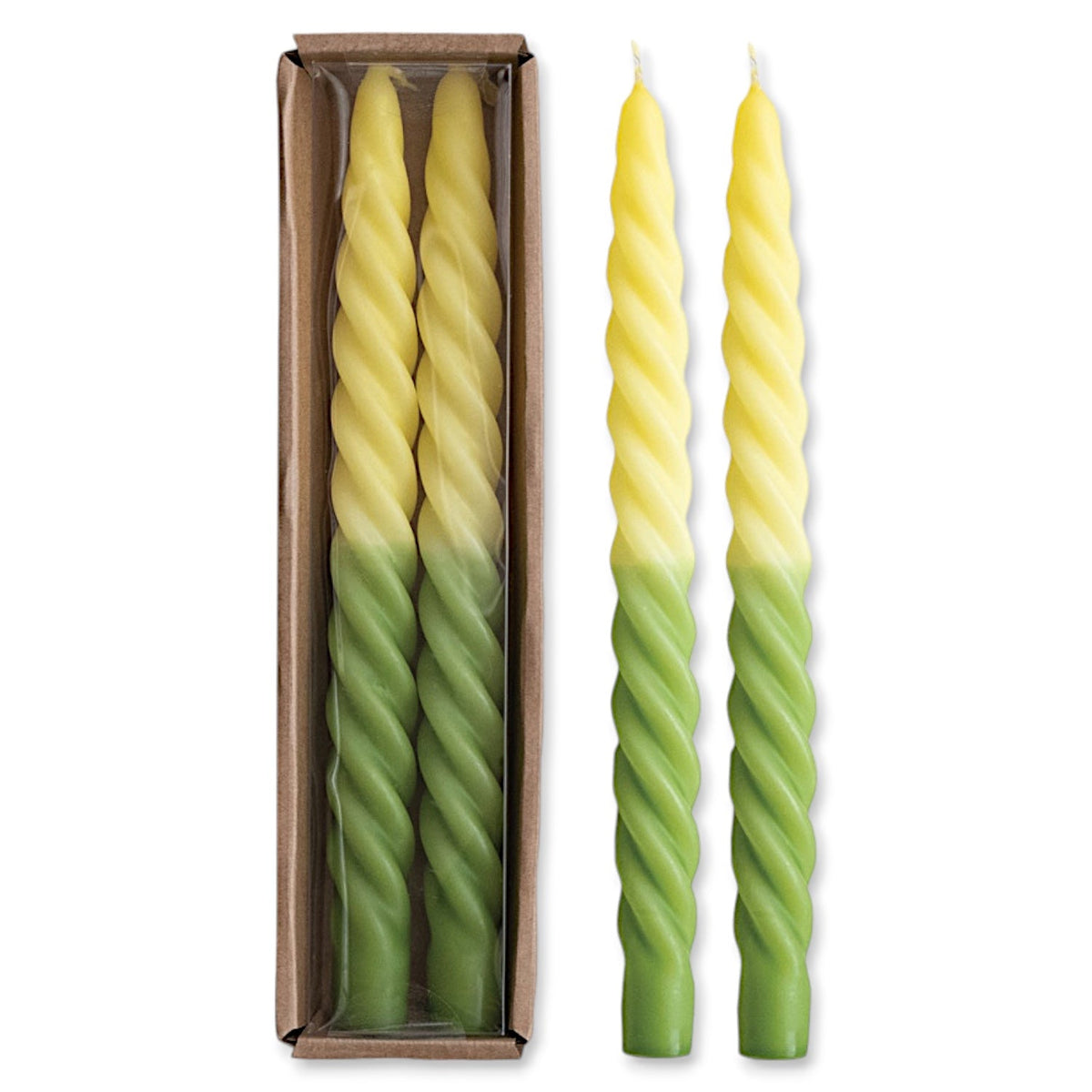 Twisted taper candles set of two with green-to-yellow ombre swirl pattern