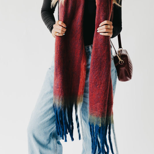 Red ombre scarf with blue and cream tones, long fringe edges