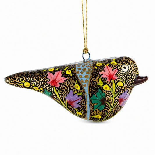 Hand-painted wooden grosbeak Christmas ornament with colorful floral pattern and gold hanger