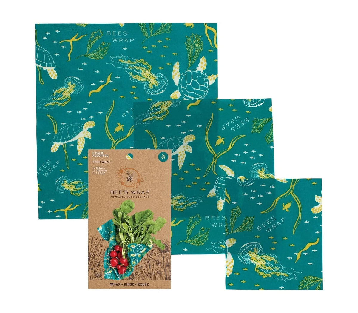 Ocean-pattern Bee's Wrap food wraps (3 pack) with a product label card