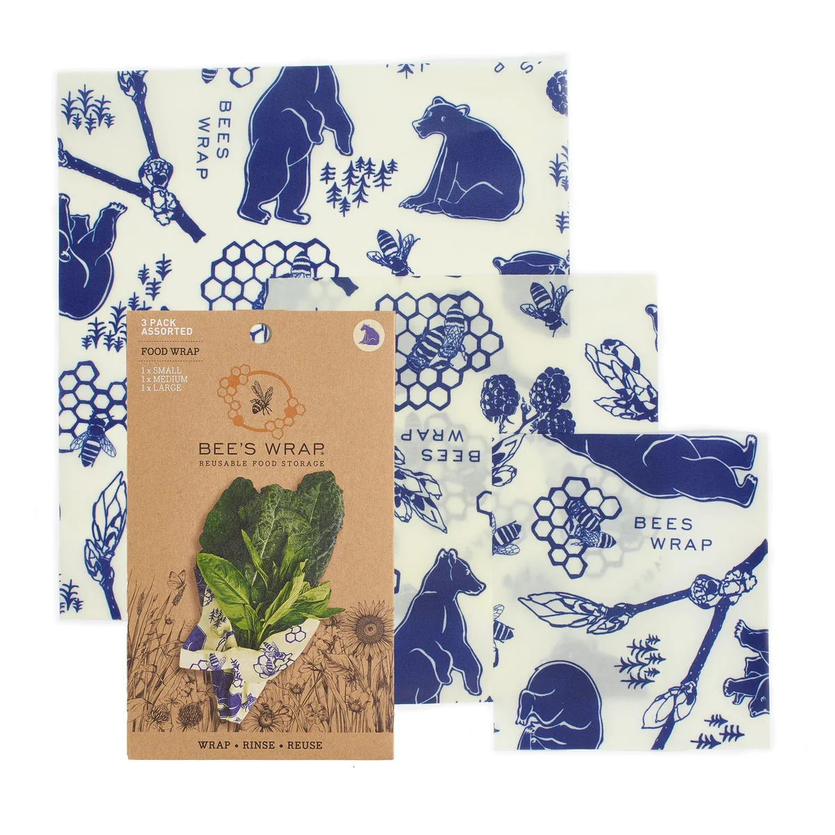 Bee’s Wrap food storage pack with blue honeycomb and animal print wax wraps